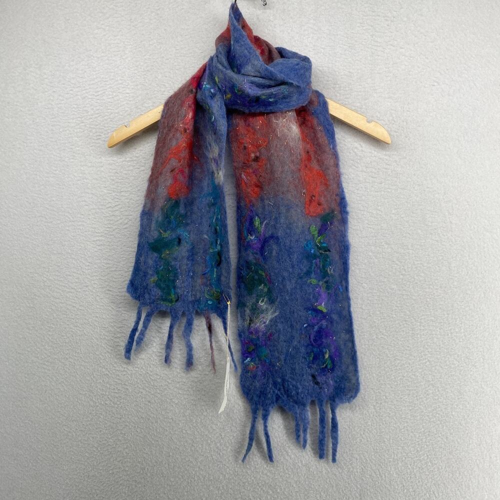 SERENA ALPACAS Scarf Artisanal Wearable Art Felted Alpaca Fringe Blue NEW